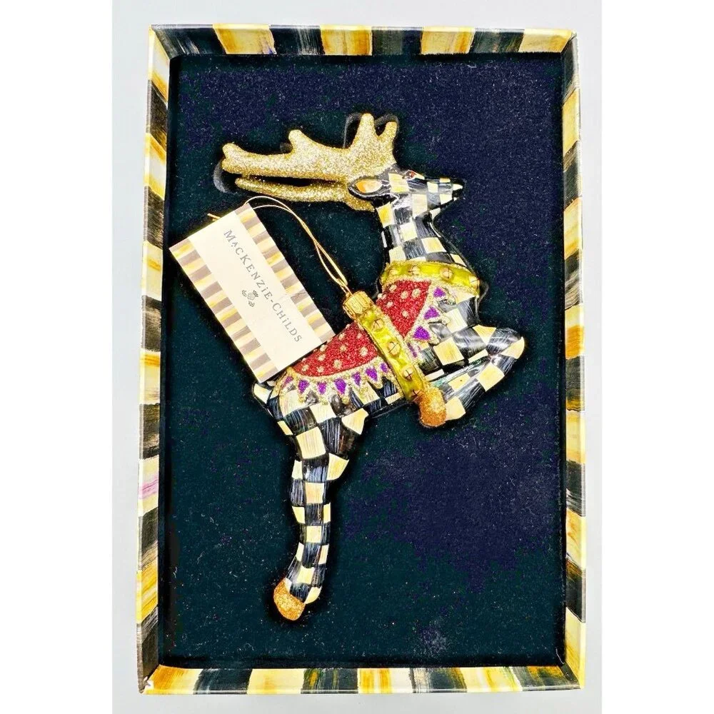 Mackenzie‎ Childs Prancer Reindeer Glass Christmas Ornament Courtly Checks Box
